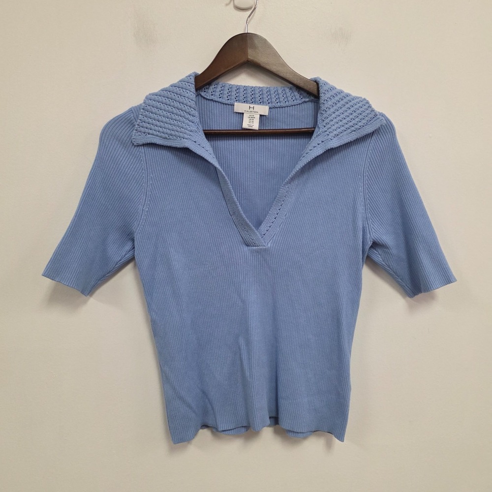Halston Womens Old Money Coastal Preppy Tennis Knit Polo Top Size M Blue Preppy